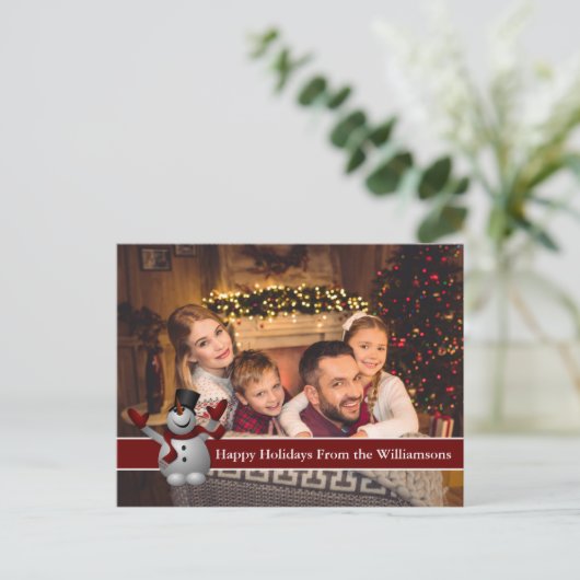 ハッピーホリデーズフルカードフォトかわいい雪だるま ポストカード (スタンド正面)