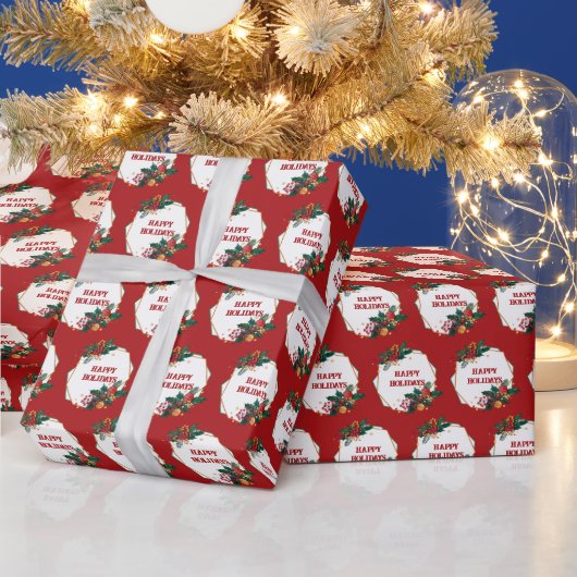 ハッピーホリデーズフレーム赤 ラッピングペーパー (クリスマス)