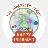 ハッピーホリデーズブライトカラフルはっきりしたタイポグラフィ ラウンドシール (正面)