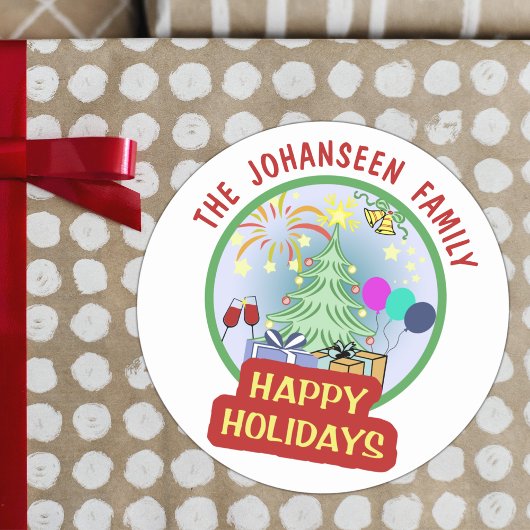 ハッピーホリデーズブライトカラフルはっきりしたタイポグラフィ ラウンドシール