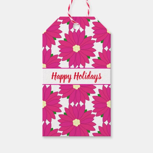 ハッピーホリデーズブライトピンクポインセチアプリント ギフトタグ (正面)