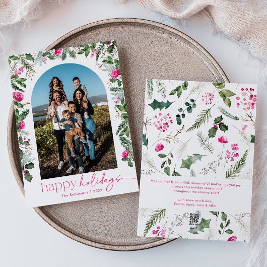 ハッピーホリデーズブライトピンク緑アーチ1写真 シーズンカード