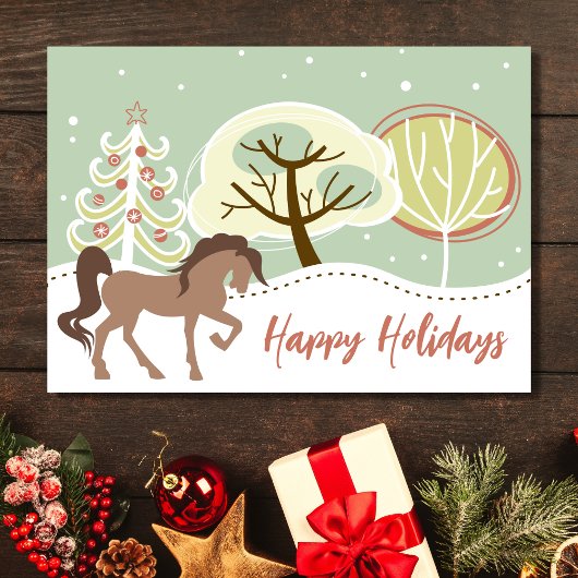 ハッピーホリデーズブラウンホーススノーウィーウィンタークリスマス シーズンカード
