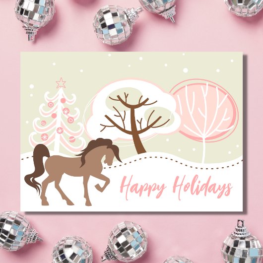 ハッピーホリデーズブラウンホースピンクウィンタークリスマス シーズンカード