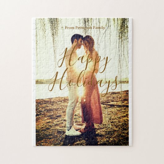 ハッピーホリデーズブラウン追加カップル写真名日付mo ジグソーパズル (縦)
