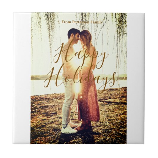 ハッピーホリデーズブラウン追加カップル写真名日付mo タイル (正面)