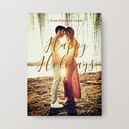 ハッピーホリデーズブラウン追加カップル写真名日付mo 缶バッジ (正面)