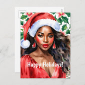 ハッピーホリデーズブラックウーマンサンタハット シーズンポストカード (正面/裏面)