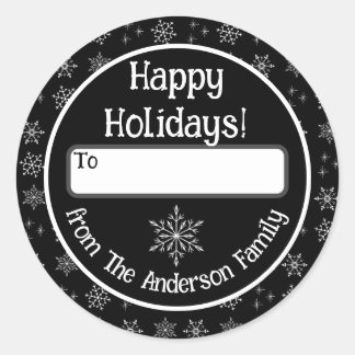 ハッピーホリデーズブラックシールと雪 ラウンドシール