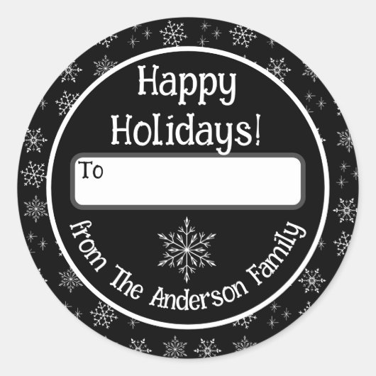 ハッピーホリデーズブラックシールと雪 ラウンドシール (正面)