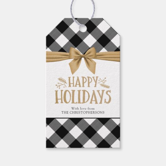 ハッピーホリデーズブラックバッファロープレイド金ゴールドボウ ギフトタグ (正面)