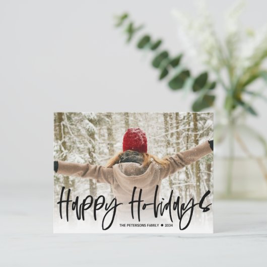ハッピーホリデーズブラック書道フォトクリスマス ポストカード (スタンド正面)