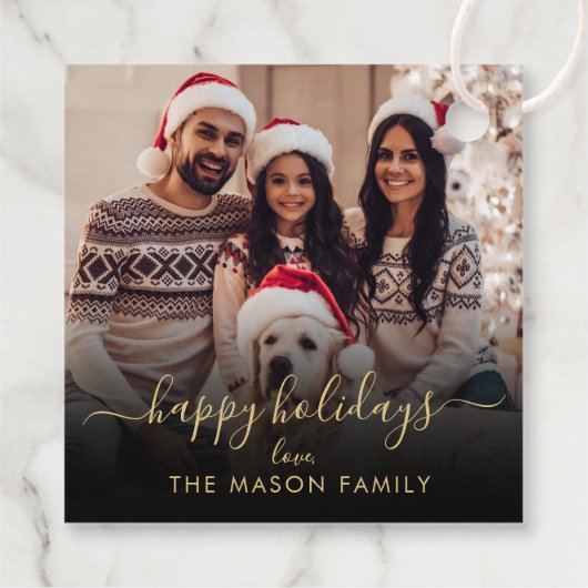 ハッピーホリデーズブラック金ゴールドスクリプトファミリーフォト フェイバータグ (裏面)