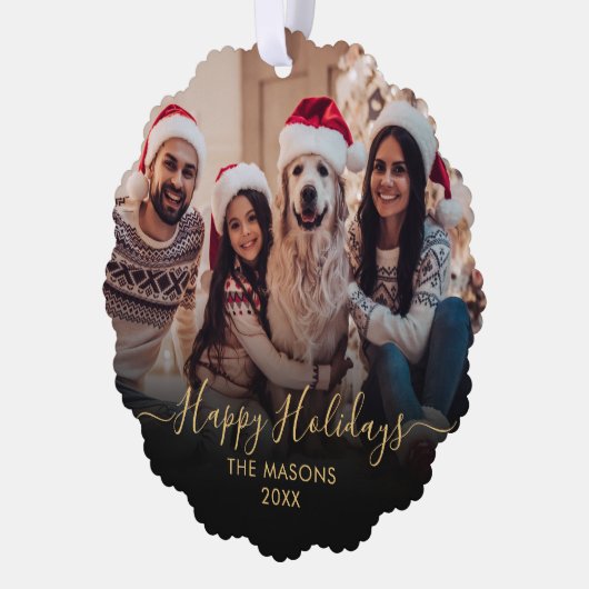 ハッピーホリデーズブラック金ゴールド2フォトクリスマス オーナメントカード (左)