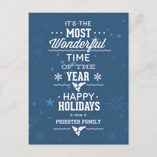 ハッピーホリデーズブルーアンドホワイト文字デザイン シーズンポストカード (正面)