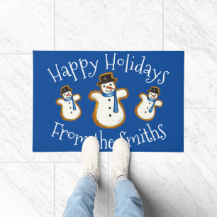 ハッピーホリデーズブルー雪だるまシュガークッキークリスマス ドアマット