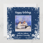 ハッピーホリデーズブルー&ホワイトスノーフレーク写真 シーズンカード (正面)