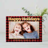 ハッピーホリデーズプレイドパターンファミリーフォト 箔シーズンカード (立ち正面)