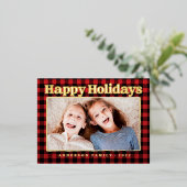 ハッピーホリデーズプレイドパターンファミリーフォト 箔シーズンポストカード (立ち正面)