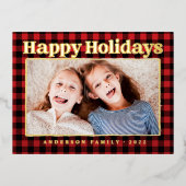 ハッピーホリデーズプレイドパターンファミリーフォト 箔シーズンポストカード (正面)