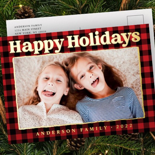 ハッピーホリデーズプレイドパターンファミリーフォト 箔シーズンポストカード
