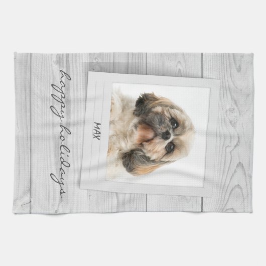 ハッピーホリデーズペットフォトフレームパーソナライズされた キッチンタオル (横)