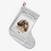 ハッピーホリデーズペットフォトフレームパーソナライズされた ラージクリスマスストッキング (正面 (吊り時))