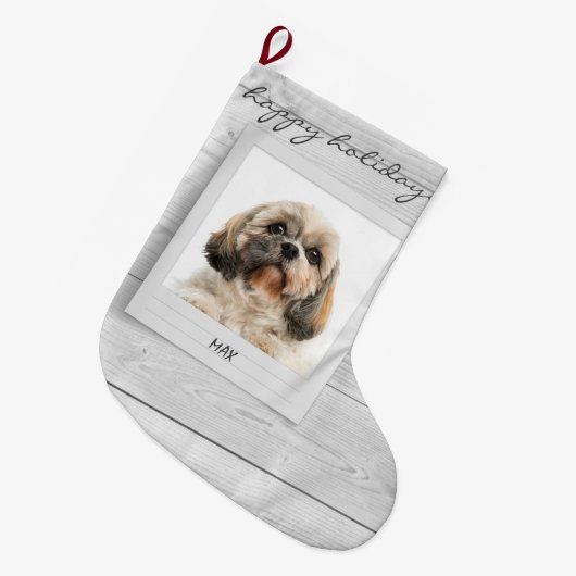 ハッピーホリデーズペットフォトフレームパーソナライズされた ラージクリスマスストッキング (正面 (吊り時))