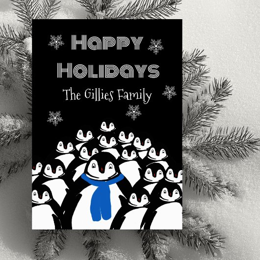ハッピーホリデーズペンギンパーソナライズされたブラック シーズンカード