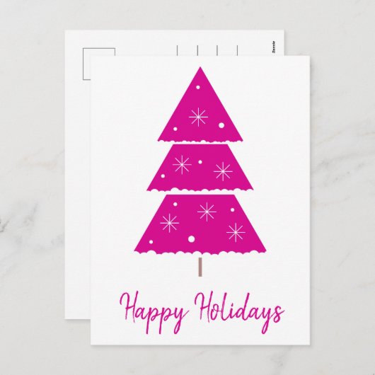ハッピーホリデーズホットピンククリスマスツリー雪の結晶 シーズンポストカード (正面/裏面)
