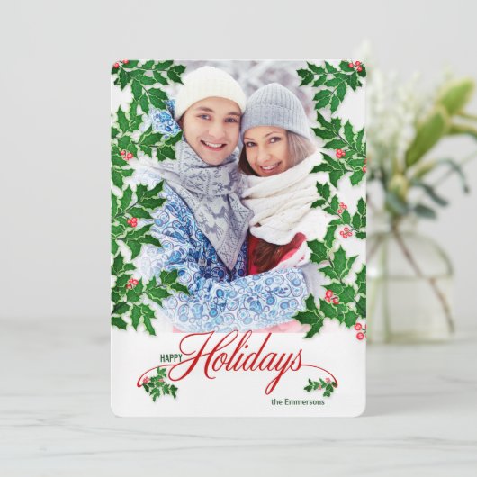ハッピーホリデーズホリーとベリー垂直方向の写真 シーズンカード (スタンド正面)