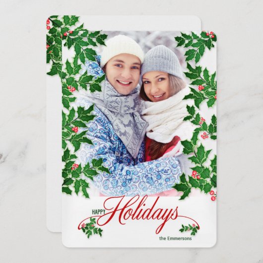 ハッピーホリデーズホリーとベリー垂直方向の写真 シーズンカード (正面/裏面)