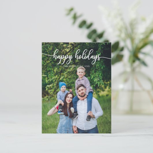 ハッピーホリデーズホワイトスクリプトユニークフォトクリスマス ポストカード (スタンド正面)