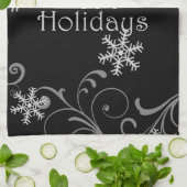 ハッピーホリデーズホワイトスノーフレークスオンブラック キッチンタオル (折り畳み)