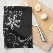 ハッピーホリデーズホワイトスノーフレークスオンブラック キッチンタオル (四つ折り)