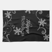 ハッピーホリデーズホワイトスノーフレークスオンブラック キッチンタオル (横)