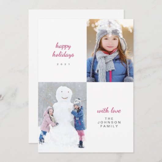 ハッピーホリデーズホワイトスノーミニマルイファミリーフォト シーズンカード (正面/裏面)