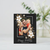 ハッピーホリデーズホワイトフラワークリスマスフォト ポストカード (スタンド正面)