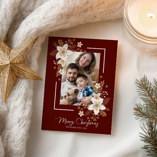 ハッピーホリデーズホワイトフローラクリスマスフォト ポストカード