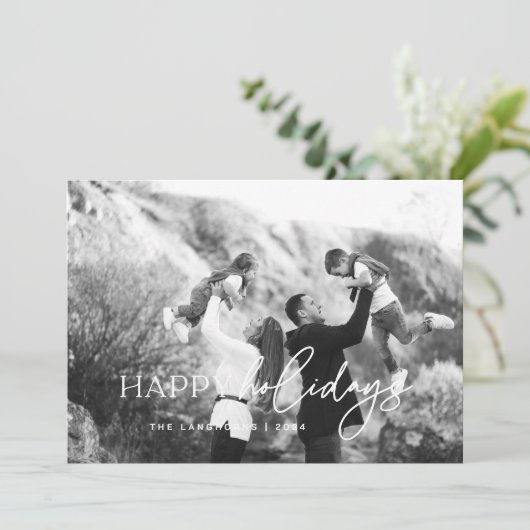 ハッピーホリデーズホワイト文字フォトクリスマスカード 招待状 (スタンド正面)