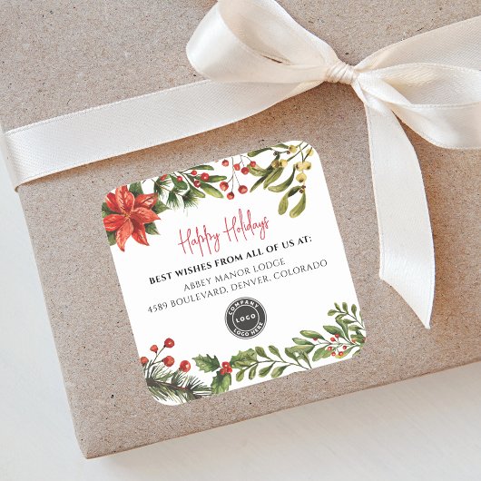 ハッピーホリデーズボタニカルビジネスロゴクリスマス スクエアシール