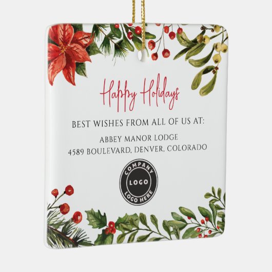 ハッピーホリデーズボタニカルビジネスロゴクリスマス セラミックオーナメント (右)