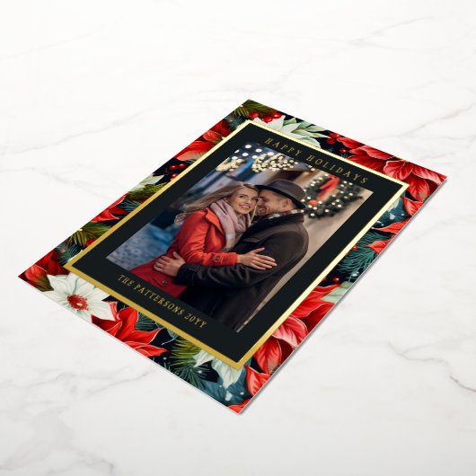 ハッピーホリデーズポインセチアフローラ写真クリスマス 箔シーズンカード (回転した状態)