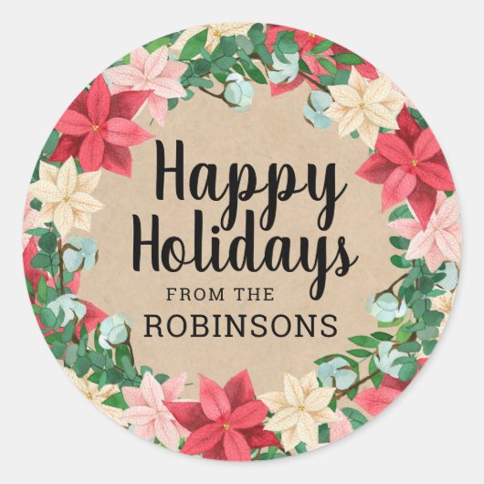 ハッピーホリデーズポインセティアクラフト紙 ラウンドシール (正面)