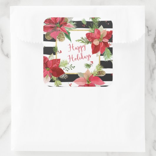 ハッピーホリデーズポインセティアスブラックストライプシール スクエアシール (バッグ)