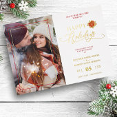 ハッピーホリデーズポインセティアスリース結婚写真 箔招待状