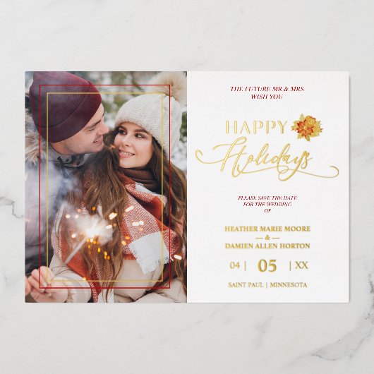 ハッピーホリデーズポインセティアスリース結婚写真 箔招待状 (正面)