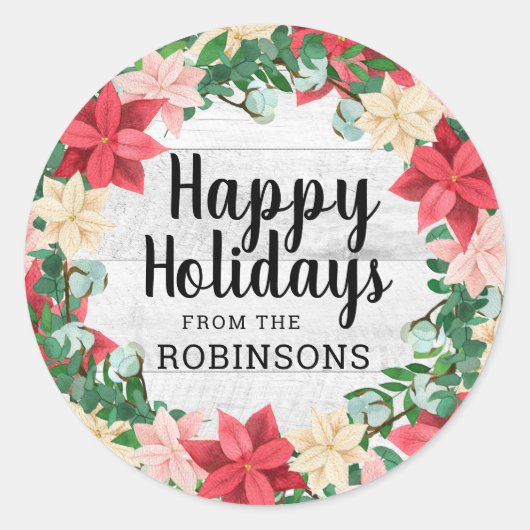 ハッピーホリデーズポインセティアホワイトウッド ラウンドシール (正面)