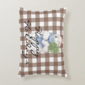 ハッピーホリデーズポーラベアかわいいデザインタータンチェックブラウン アクセントクッション (正面(垂直))