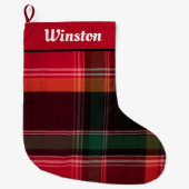 ハッピーホリデーズマドラスモダンプレイドパーソナライズ ラージクリスマスストッキング (正面)